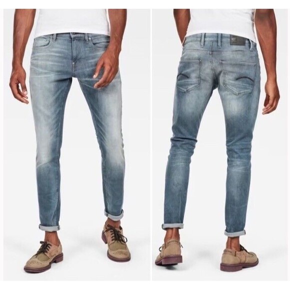 G-STAR Raw Revend Skinny Medium Washed Straight Leg Blue Jeans Distressed 32 EUC - Picture 1 of 13